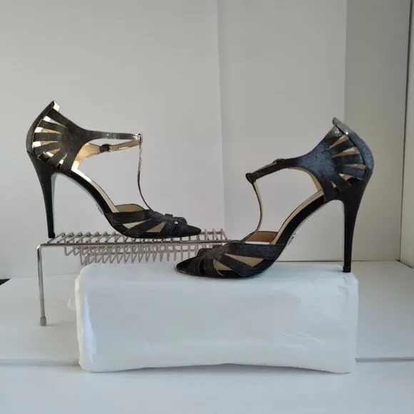 Black Suede Silver Glitter Peep Toe Cut Out Stiletto Heel TStrap Sandals Sz 9.5