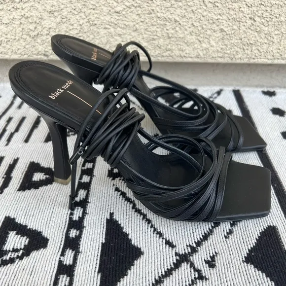 Black Suede Studio Black lace up square toe Strappy Sandal heels Size 37.5 (7.5)