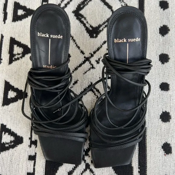 Black Suede Studio Black lace up square toe Strappy Sandal heels Size 37.5 (7.5)
