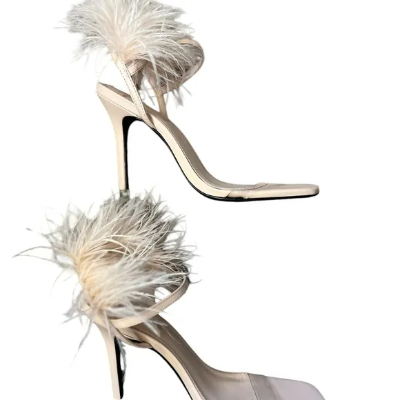 Black Suede Studio Trinity Ostrich Feather Trim Sandals Blush Leather Size 37/7