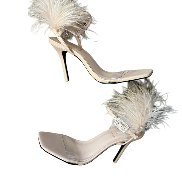 Black Suede Studio Trinity Ostrich Feather Trim Sandals Blush Leather Size 37/7