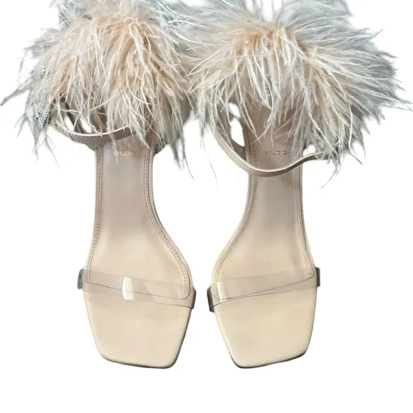Black Suede Studio Trinity Ostrich Feather Trim Sandals Blush Leather Size 37/7