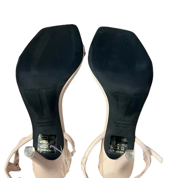 Black Suede Studio Trinity Ostrich Feather Trim Sandals Blush Leather Size 37/7
