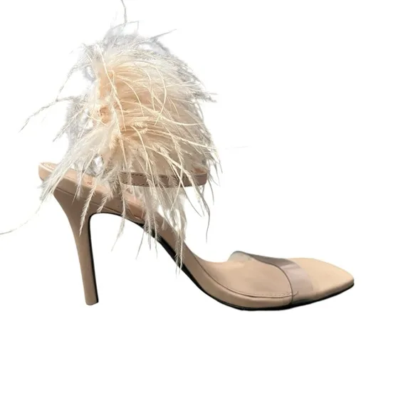 Black Suede Studio Trinity Ostrich Feather Trim Sandals Blush Leather Size 37/7