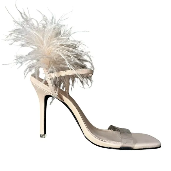 Black Suede Studio Trinity Ostrich Feather Trim Sandals Blush Leather Size 37/7