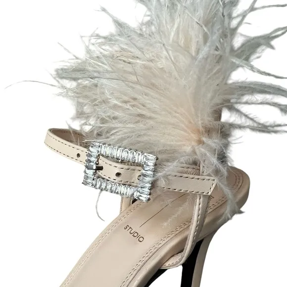 Black Suede Studio Trinity Ostrich Feather Trim Sandals Blush Leather Size 37/7