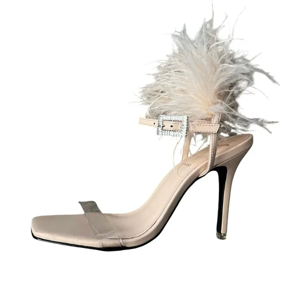 Black Suede Studio Trinity Ostrich Feather Trim Sandals Blush Leather Size 37/7