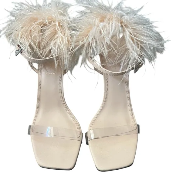 Black Suede Studio Trinity Ostrich Feather Trim Sandals Blush Leather Size 37/7