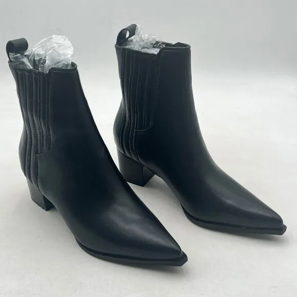 Black Women Vegan Leather Pointed Toe Block Heel Ankle Boot Dress Shoes
