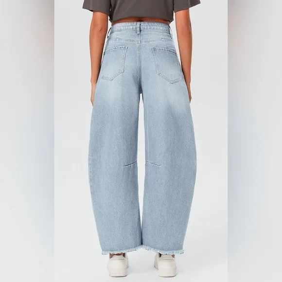 Blue Distressed Wide Leg Baggy Barrel Jeans High Waist Y2K Grunge Streetwear