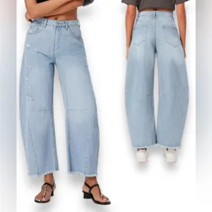 Blue Distressed Wide Leg Baggy Barrel Jeans High Waist Y2K Grunge Streetwear
