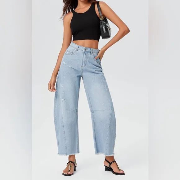 Blue Distressed Wide Leg Baggy Barrel Jeans High Waist Y2K Grunge Streetwear
