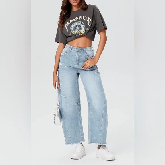 Blue Distressed Wide Leg Baggy Barrel Jeans High Waist Y2K Grunge Streetwear