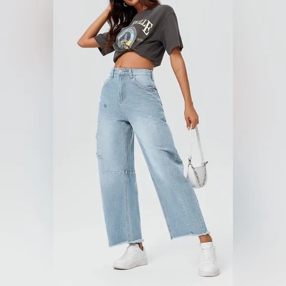 Blue Distressed Wide Leg Baggy Barrel Jeans High Waist Y2K Grunge Streetwear