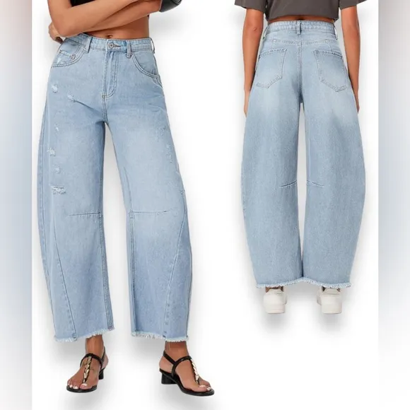 Blue Distressed Wide Leg Baggy Barrel Jeans High Waist Y2K Grunge Streetwear