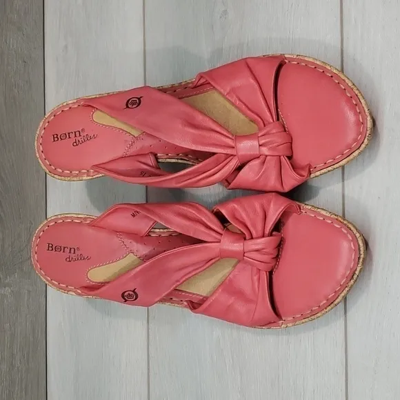 Born Women Driller Cork Pink Wedge Leather Sandals shoes sz 9