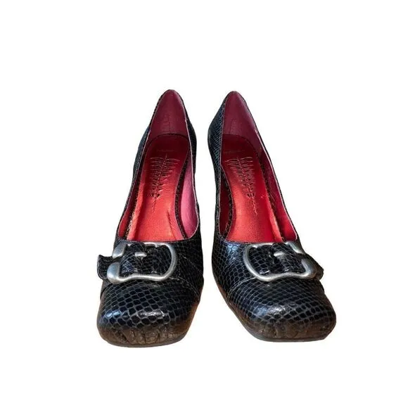 Bronx Claudine Square Toe Y2K W/Buckle Black Leather Heels Womens Size 10 NEW