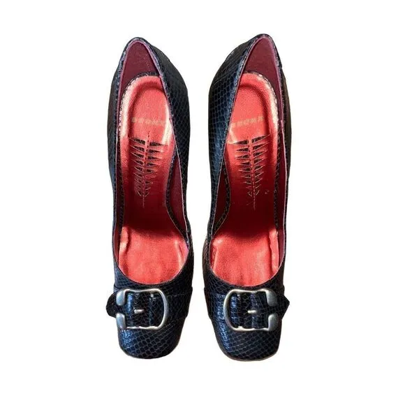 Bronx Claudine Square Toe Y2K W/Buckle Black Leather Heels Womens Size 10 NEW