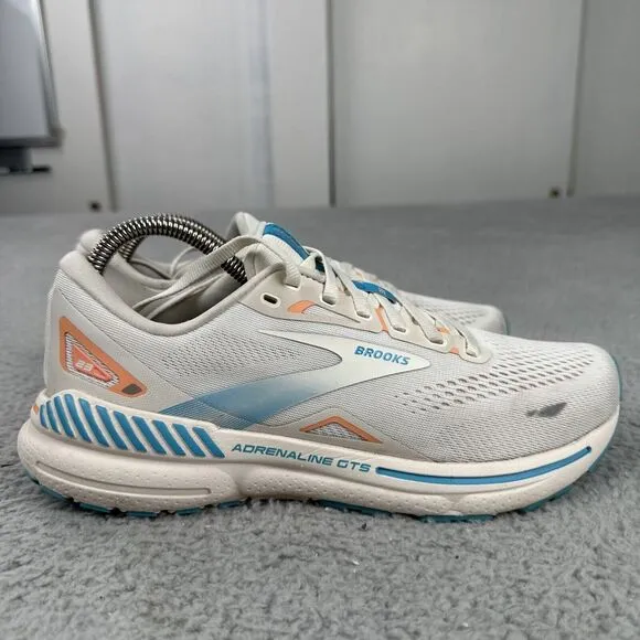 Brooks Adrenaline GTS 23 Shoes Women Size 9.5 B White Blue‎ Sneaker 1203811B152