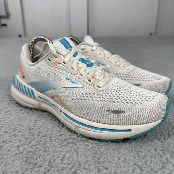 Brooks Adrenaline GTS 23 Shoes Women Size 9.5 B White Blue‎ Sneaker 1203811B152