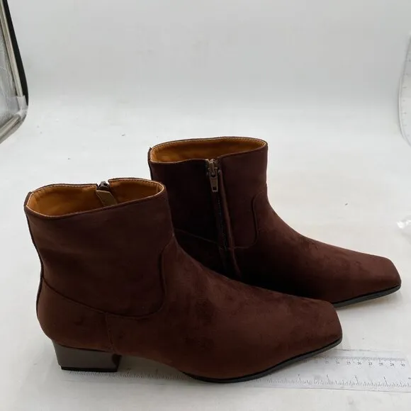Brown Square Toe Low Chunky Heels Side Zipper Ankle Boots Formal Business Office