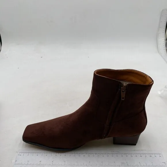 Brown Square Toe Low Chunky Heels Side Zipper Ankle Boots Formal Business Office