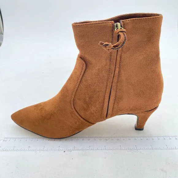 Brown Suede Kitten Heel Ankle Boots Pointed Closed Toe Side Zipper Party Shoes