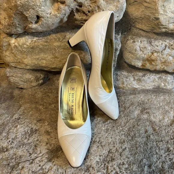 BRUNO MAGLI Vintage Quill Ivory Leather Taupe Almond Toe Diamond Quilt Shoes 7