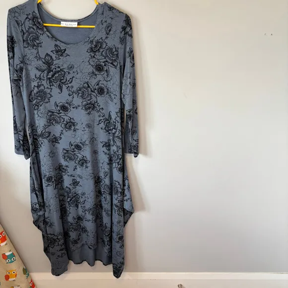Bryn Walker, Women's 3/4 Sleeve Blue &amp; Black Floral Long Swing Dress, SZ S