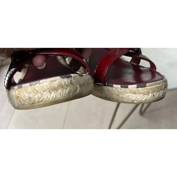 Burberry Nova Check Red Patent Leather Espadrille Wedge Sandals Size 39 IT, 8 US
