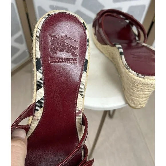Burberry Nova Check Red Patent Leather Espadrille Wedge Sandals Size 39 IT, 8 US