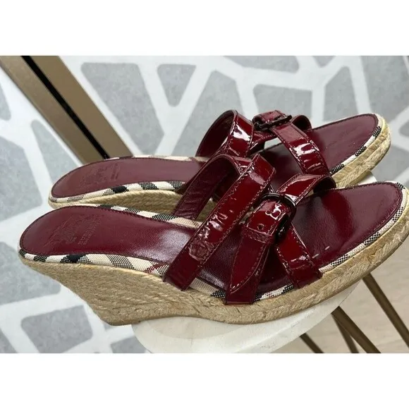 Burberry Nova Check Red Patent Leather Espadrille Wedge Sandals Size 39 IT, 8 US