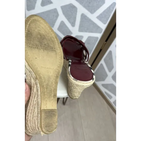 Burberry Nova Check Red Patent Leather Espadrille Wedge Sandals Size 39 IT, 8 US