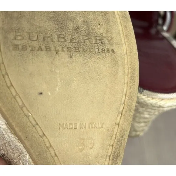 Burberry Nova Check Red Patent Leather Espadrille Wedge Sandals Size 39 IT, 8 US