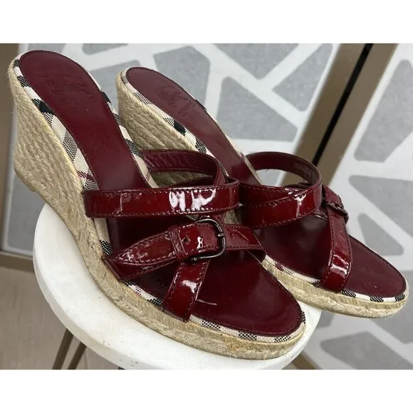 Burberry Nova Check Red Patent Leather Espadrille Wedge Sandals Size 39 IT, 8 US