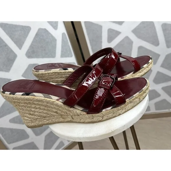Burberry Nova Check Red Patent Leather Espadrille Wedge Sandals Size 39 IT, 8 US