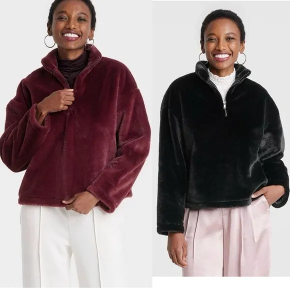 Burgundy / black faux fur fully lined thick half zip premium sweater