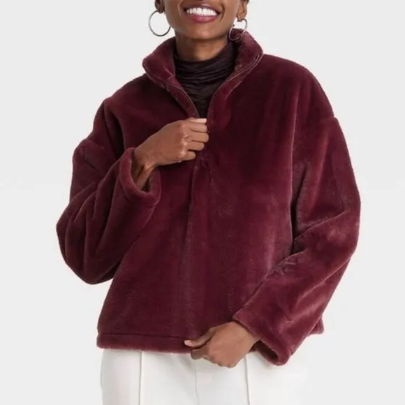 Burgundy / black faux fur fully lined thick half zip premium sweater