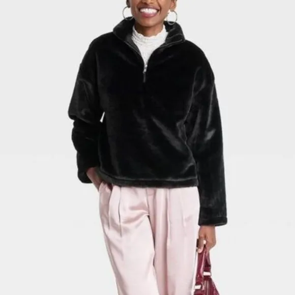 Burgundy / black faux fur fully lined thick half zip premium sweater