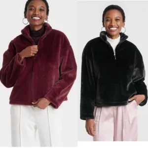 Burgundy / black faux fur fully lined thick half zip premium sweater