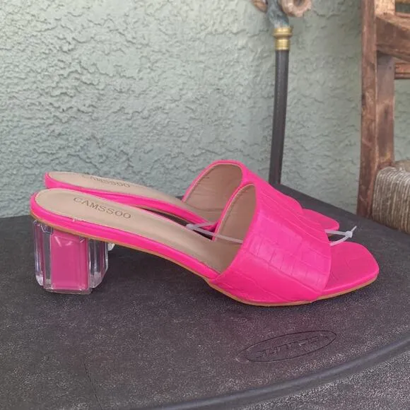 Camssoo Square Open Toe Clear Heels embossed print pink sandals Barbie core sz 9