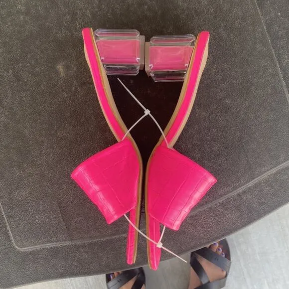 Camssoo Square Open Toe Clear Heels embossed print pink sandals Barbie core sz 9