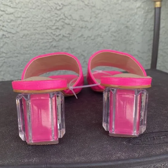 Camssoo Square Open Toe Clear Heels embossed print pink sandals Barbie core sz 9