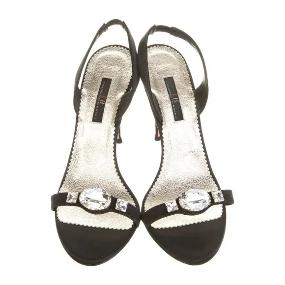 Carolina Herrera Black Satin Crystal High Heel Slingbacks Designer Sandal's 8.M