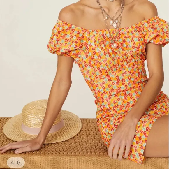 Caroline Constas Women's Floral Calla Mini Dress Puff Sleeves Orange Size S
