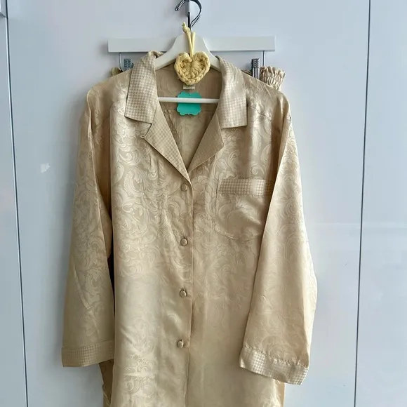 CERIE Lingerie Silk Jacquard Pajama Set Large Beige Gold Sleepwear Loungewear