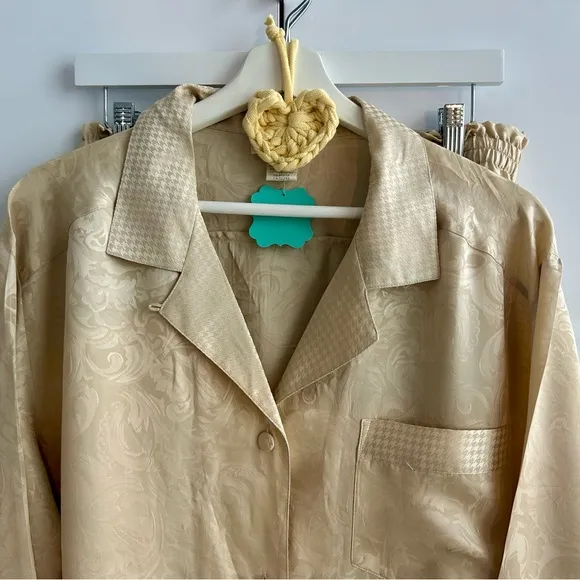 CERIE Lingerie Silk Jacquard Pajama Set Large Beige Gold Sleepwear Loungewear