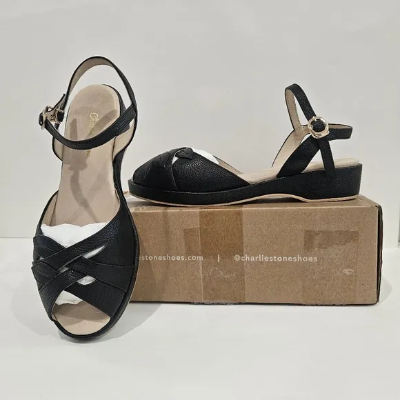Charlie Stone Elba Wedge Flat,Black Leather Sandals, 40s 50s Vtg Style, Lifted,8