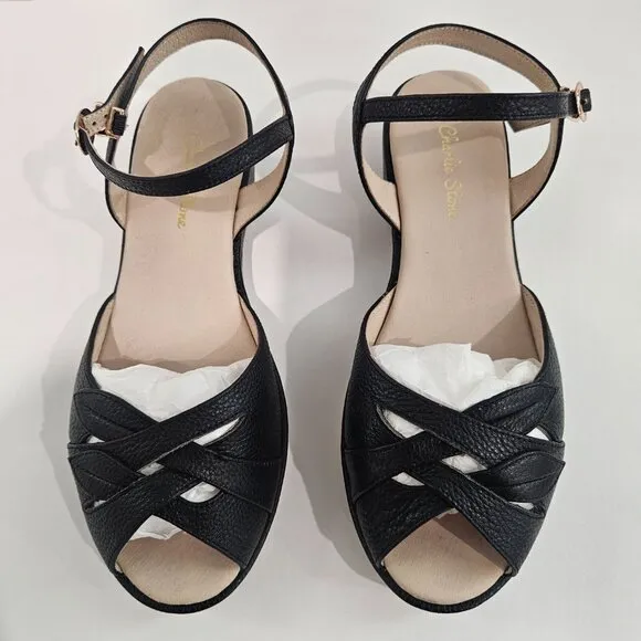 Charlie Stone Elba Wedge Flat,Black Leather Sandals, 40s 50s Vtg Style, Lifted,8