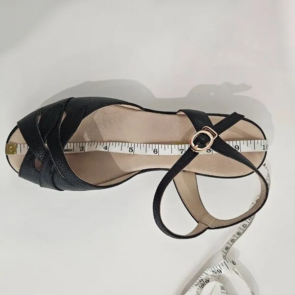 Charlie Stone Elba Wedge Flat,Black Leather Sandals, 40s 50s Vtg Style, Lifted,8